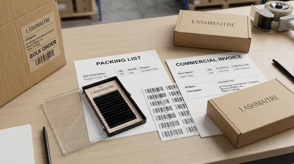 LASHMAITRE bulk lash order packing list commercial invoice carton label and product tray