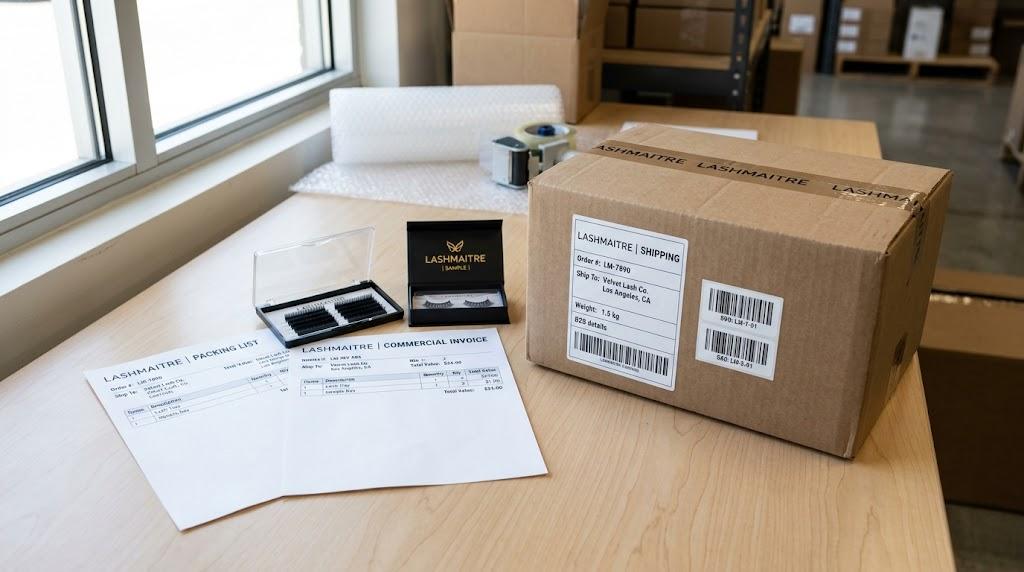 LASHMAITRE bulk lash order shipment stage with packing list commercial invoice and carton label