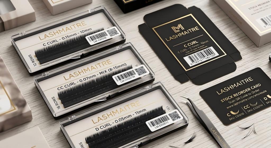 C vs CC vs D curl lashes - LASHMAITRE curl SKU label proof with C CC and D tray labels and reorder card