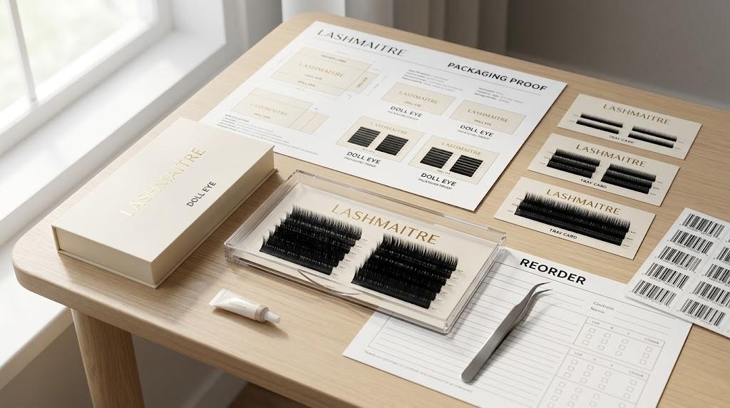 LASHMAITRE doll eye lash tray packaging proof with private label tray card and reorder sheet