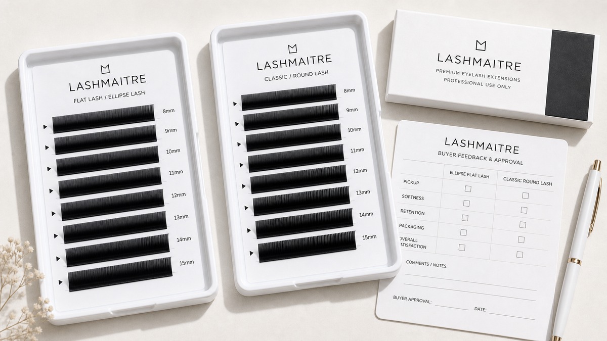 ellipse lashes vs classic lashes - LASHMAITRE buyer feedback sheet comparing ellipse and classic tray specs sample notes and reorder decisions