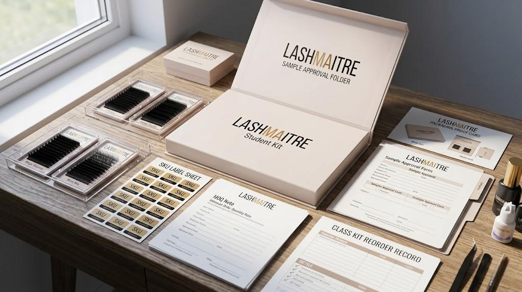 LASHMAITRE eyelash extension student kit reorder record with SKU labels MOQ note QC file and packaging proof