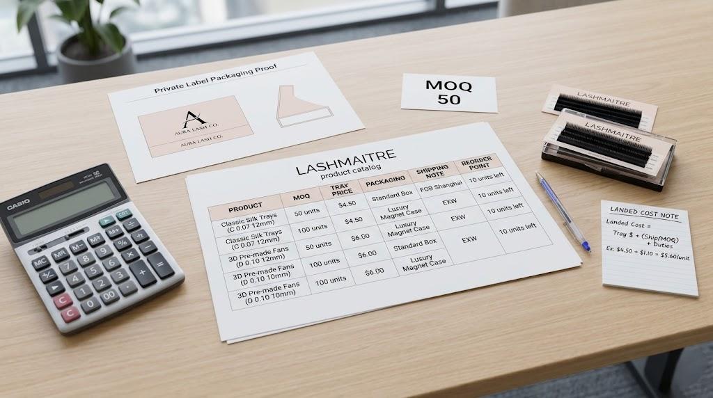 LASHMAITRE product catalog pricing table with MOQ 50 landed cost note and sample trays