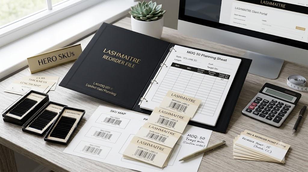 LASHMAITRE reorder file and MOQ 50 inventory planning sheet with barcode labels