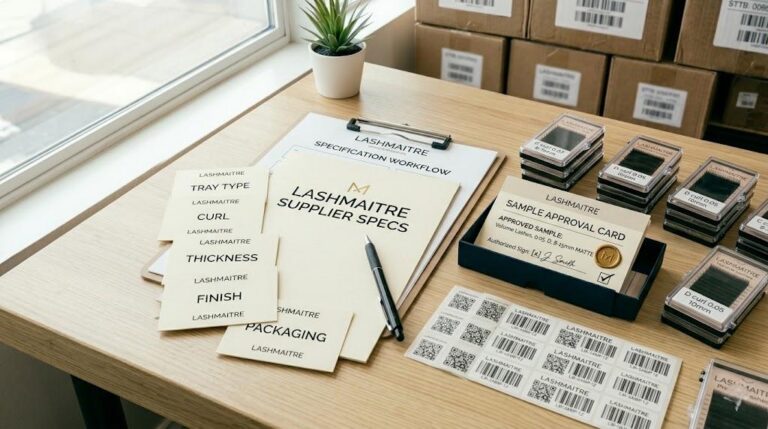 LASHMAITRE lash supplier specs desk with tray type curl thickness length finish and packaging cards