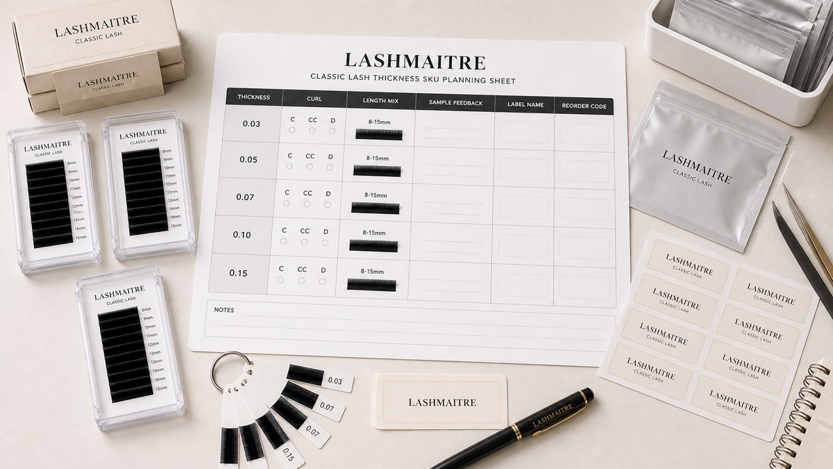 lash thickness chart - LASHMAITRE wholesale thickness range SKU planning sheet with sample feedback and reorder fields