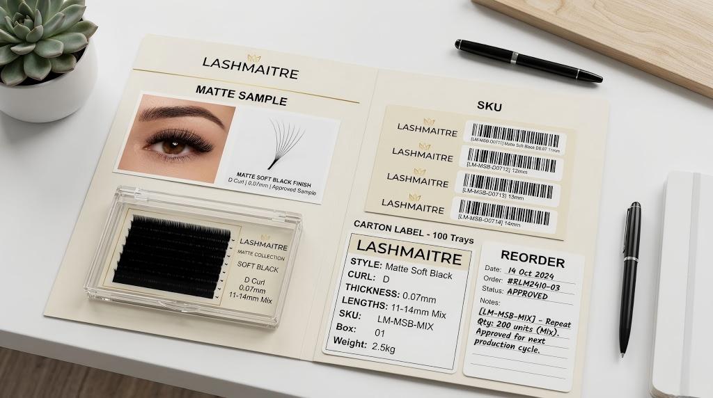 matte lash extensions wholesale - LASHMAITRE matte lash reorder record with SKU labels and approved sample photo