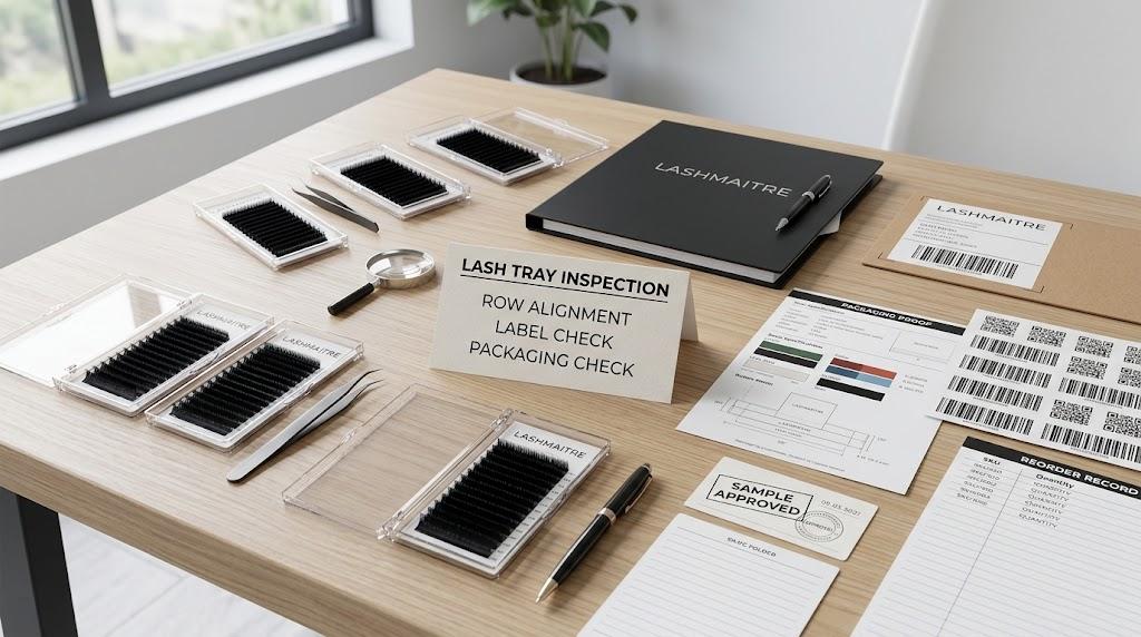 LASHMAITRE lash tray sample QC desk with row alignment label check packaging proof and reorder record