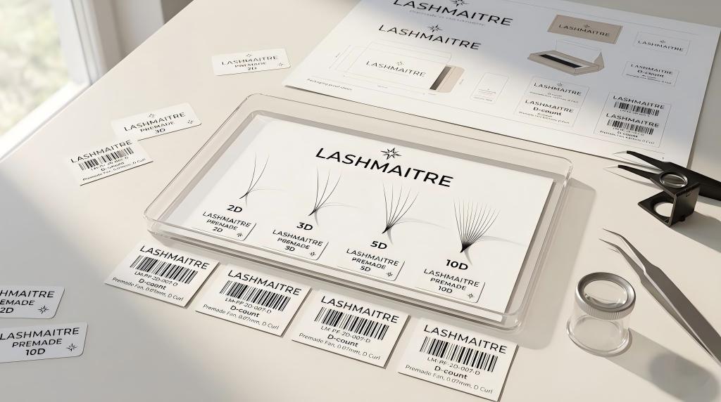 LASHMAITRE premade fan D-count reorder label file with SKU cards and packaging proof
