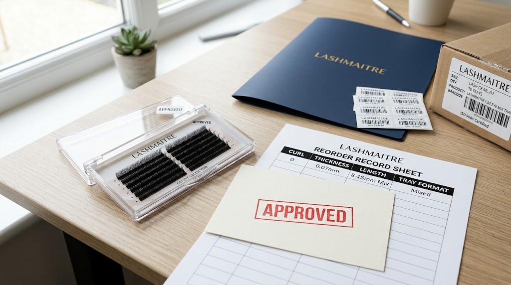 LASHMAITRE approved wispy lash reorder record with tray labels barcode stickers and QC file