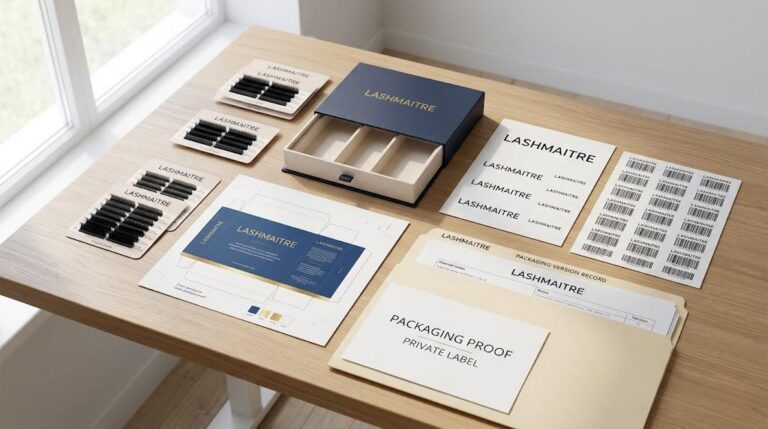 LASHMAITRE eyelash extension packaging proof desk with tray cards box labels and reorder records