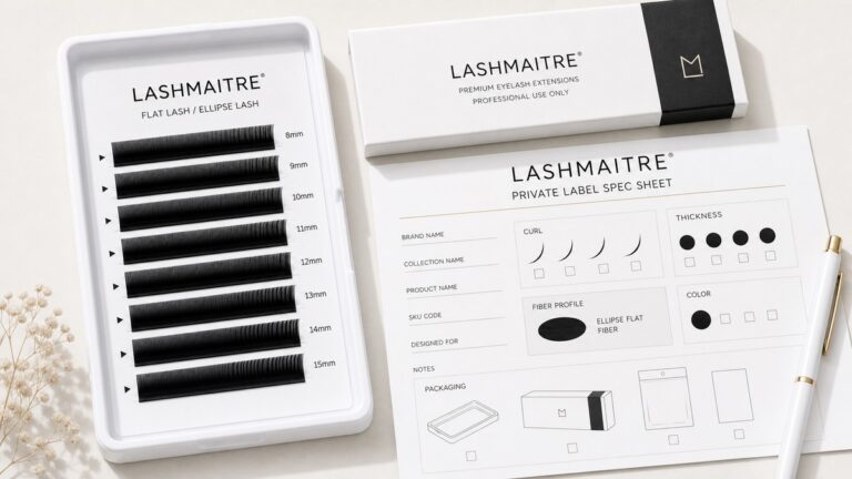 flat lash private label spec sheet - LASHMAITRE branded flat lash private label spec sheet with tray packaging sample notes and reorder code