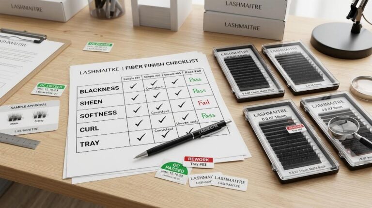 LASHMAITRE lash fiber finish checklist with blackness sheen softness curl and tray checks