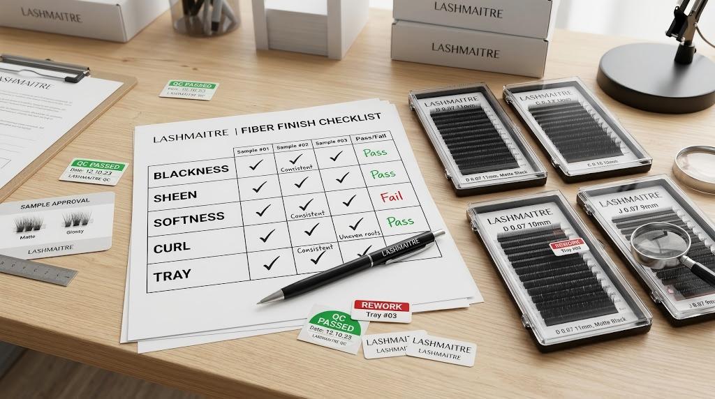 LASHMAITRE lash fiber finish checklist with blackness sheen softness curl and tray checks