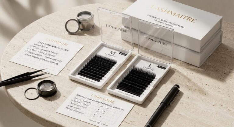 M curl and L curl lashes - LASHMAITRE specialty curl sample setup with M and L trays and packaging notes