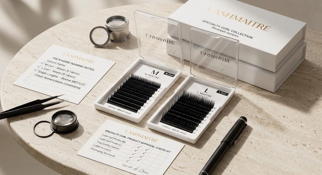 M curl and L curl lashes - LASHMAITRE specialty curl sample setup with M and L trays and packaging notes