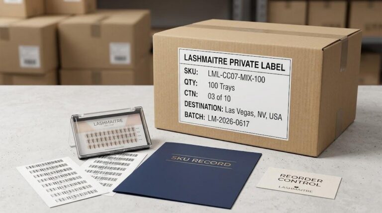 LASHMAITRE lash carton labels and SKU record desk for private label reorder control