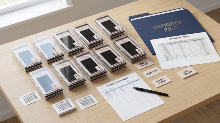 LASHMAITRE lash inventory reorder point desk with stock count sheet lead time safety stock and best seller cards