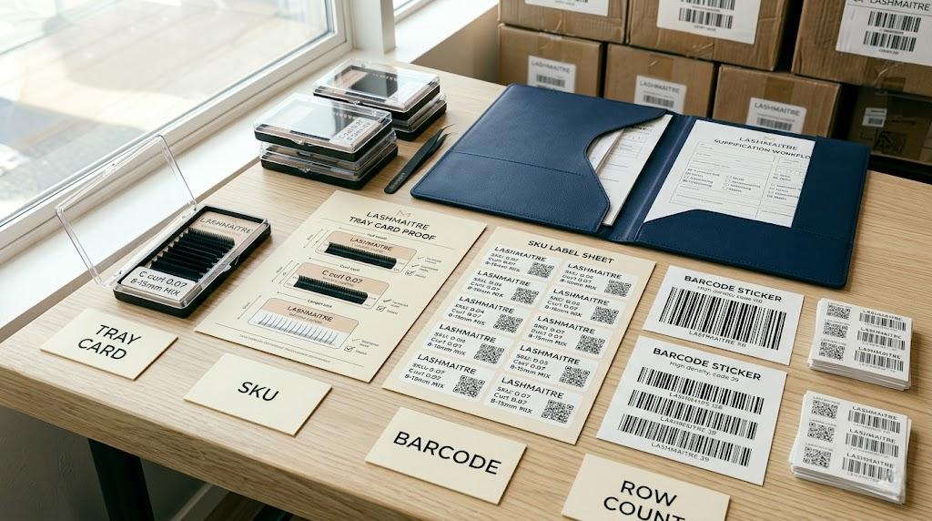 LASHMAITRE tray card SKU barcode and row count specs for lash supplier quote preparation