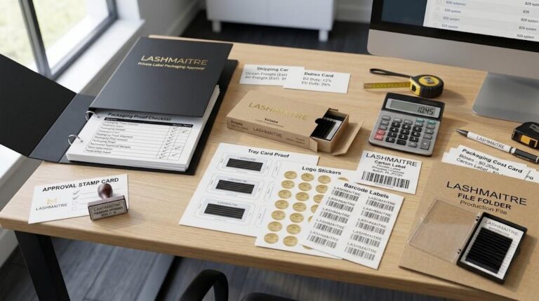 LASHMAITRE private label lash packaging checklist with tray card labels carton label and approval stamp