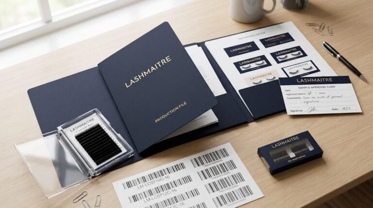 LASHMAITRE private label lash production file with approved sample card barcode labels and product records
