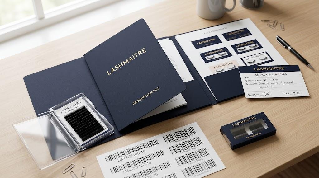 LASHMAITRE private label lash production file with approved sample card barcode labels and product records