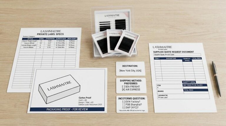 LASHMAITRE wholesale lash inquiry template quote packet with specs sheet packaging proof and shipping details