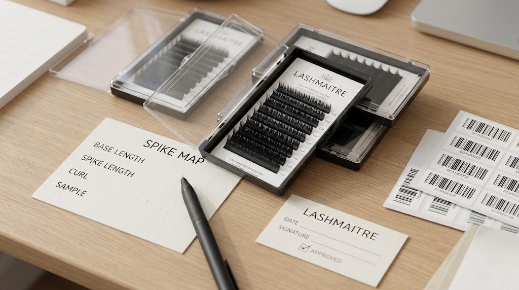 LASHMAITRE anime lash spike map sample card with branded trays barcode labels and approval card