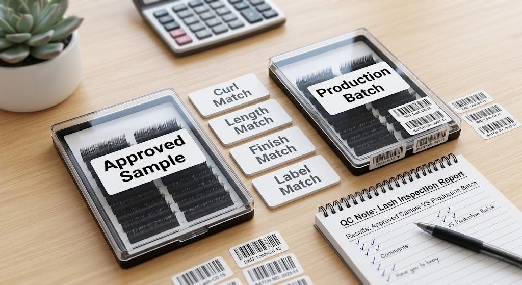 LASHMAITRE approved sample and production batch check with curl length finish and label match cards