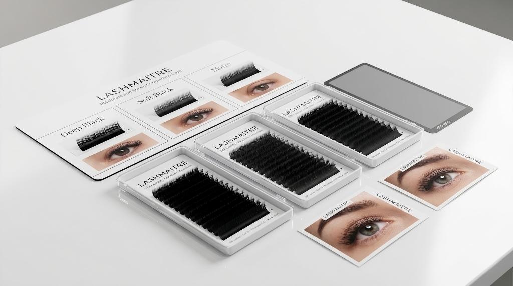 lash fiber finish checklist - LASHMAITRE blackness and sheen lash finish comparison cards with sample trays