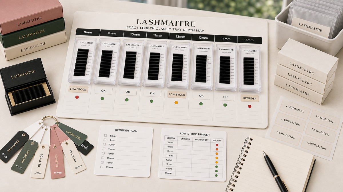 single length reorder plan - LASHMAITRE exact length classic tray depth map from 8mm to 15mm with reorder priority markers