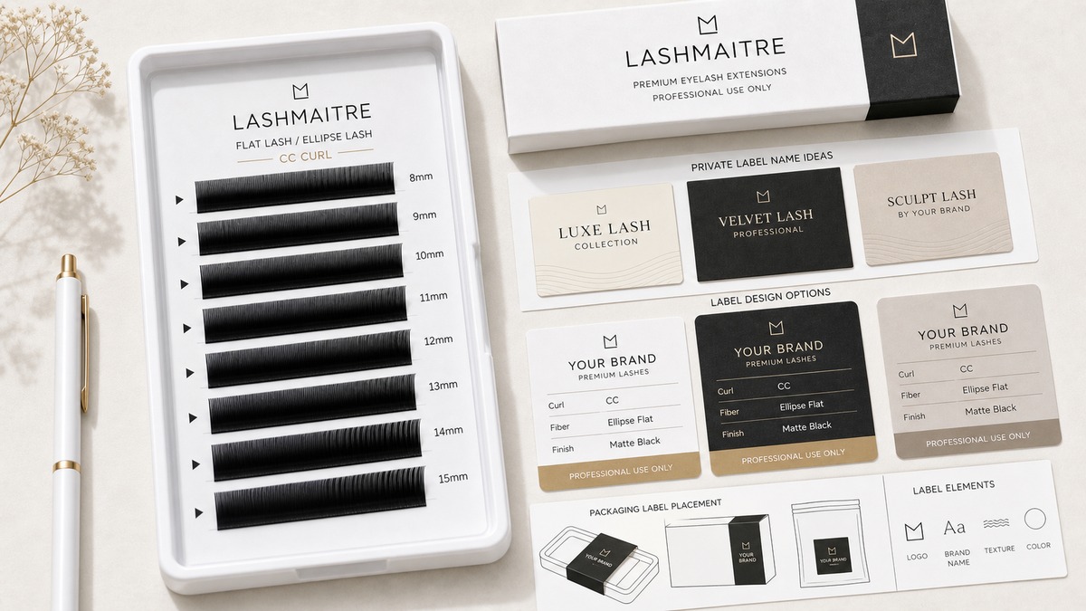flat lash private label spec sheet - LASHMAITRE flat lash label naming board with fiber profile curl thickness and length fields