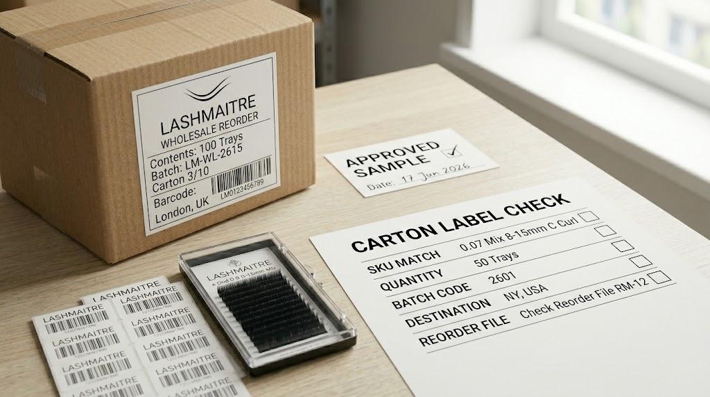 LASHMAITRE lash carton label with SKU quantity carton number and destination fields