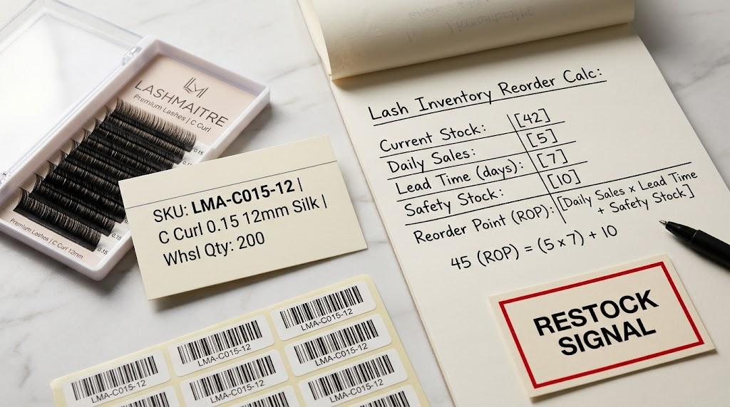 LASHMAITRE lash tray with inventory reorder calculation worksheet and restock signal card