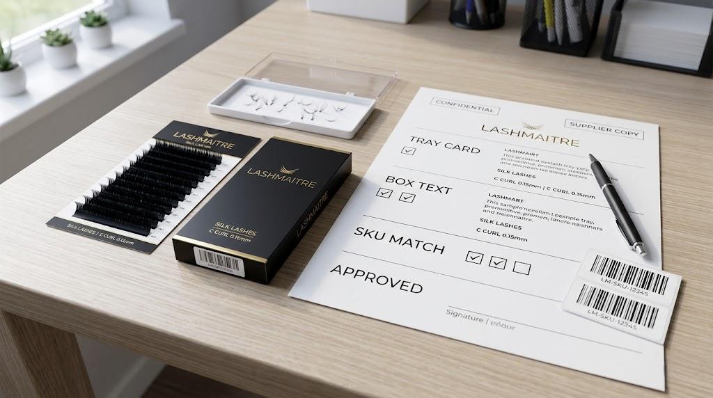 LASHMAITRE lash packaging tray card and box text proof check