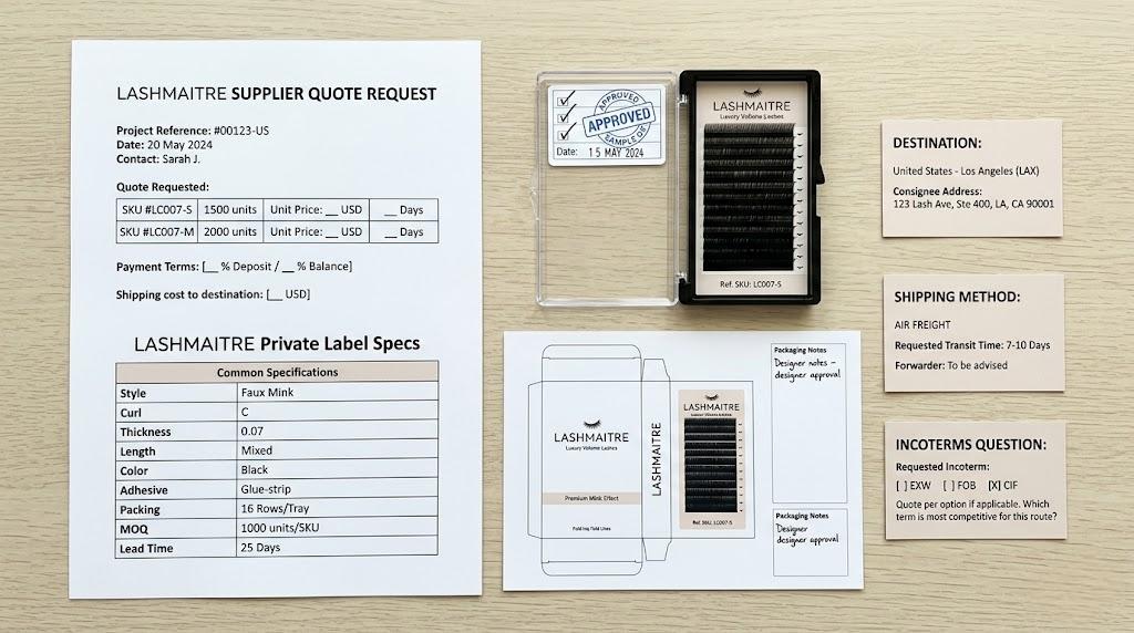LASHMAITRE private label quote request with sample tray destination card and shipping method note