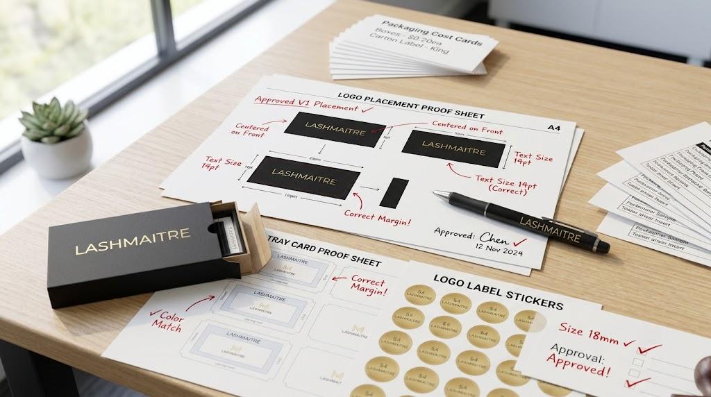 Private label lash logo placement proof and logo sticker approval sheet