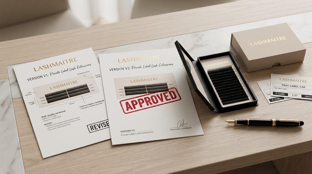 LASHMAITRE private label lash packaging version proof with approved stamp tray label and sample tray