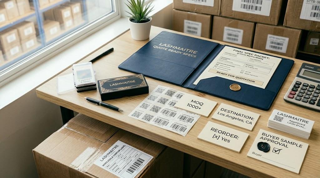 LASHMAITRE quote ready lash supplier specs folder with approved sample MOQ destination and reorder cards