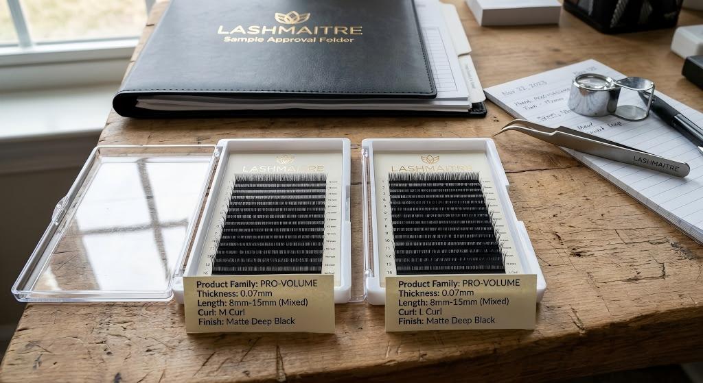 M curl and L curl lashes - LASHMAITRE M and L specialty curl sample comparison with controlled thickness and length