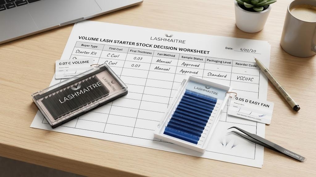 volume lash starter range - LASHMAITRE starter volume lash stock-first decision table with branded sample trays
