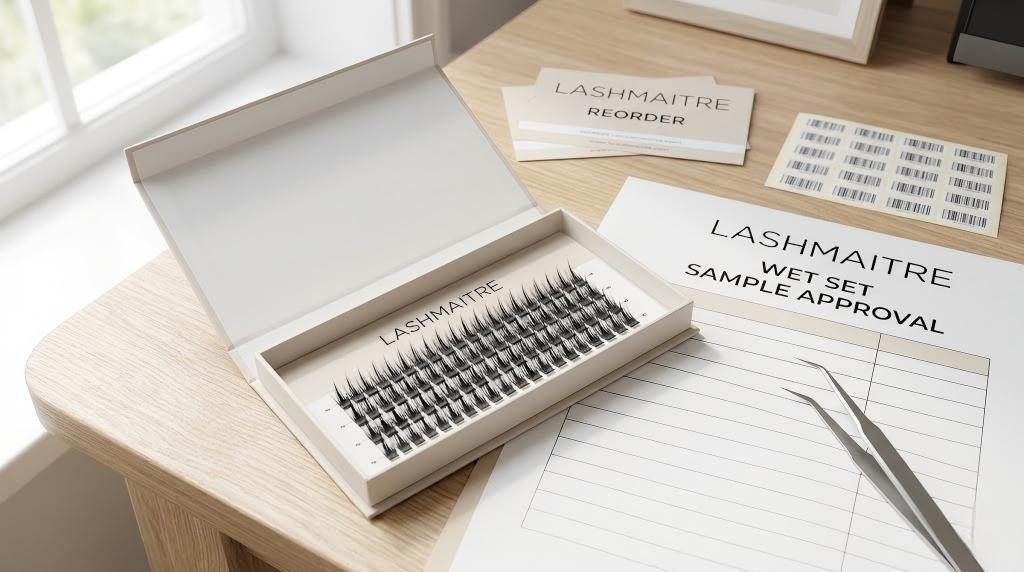 wet set lash extensions - LASHMAITRE wet set sample approval sheet with reorder cards barcode labels and lash tray