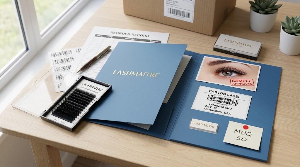 LASHMAITRE anime lash sample approval folder with MOQ note carton label and reorder record