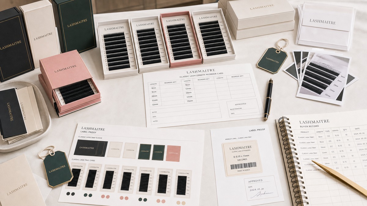 single length reorder plan - LASHMAITRE classic length reorder card and label proof with tray labels SKU codes and approved notes