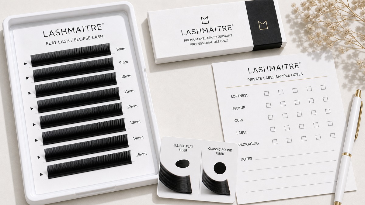 flat lash private label spec sheet - LASHMAITRE flat lash fiber profile and sample notes with branded tray card and approval record