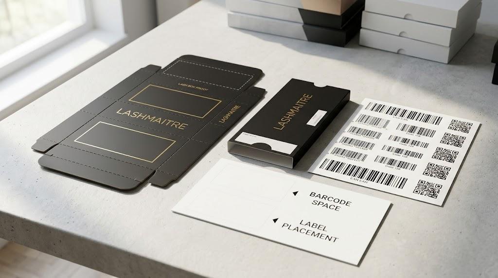 LASHMAITRE lash packaging barcode space and label placement proof