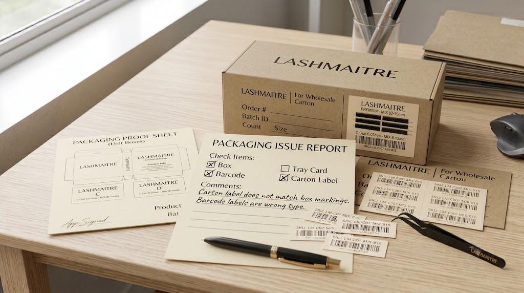 LASHMAITRE packaging issue report with carton label and barcode records