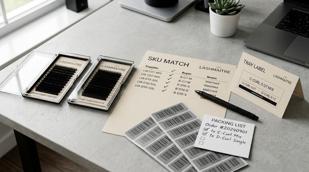LASHMAITRE SKU match record with lash tray labels barcode stickers and packing list
