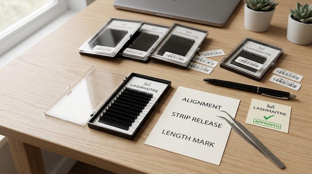 LASHMAITRE approved lash tray inspection checklist scene with alignment strip release and length mark check card