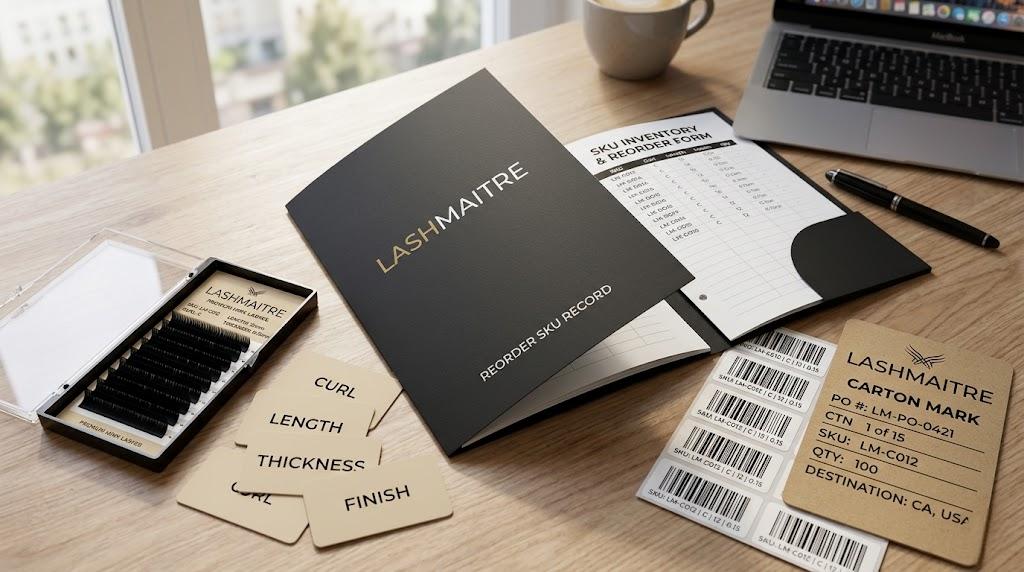 LASHMAITRE private label lash reorder SKU record with carton mark barcode labels and approved sample tray